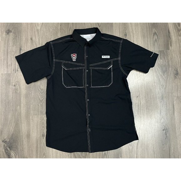 Columbia PFG Shirt Medium Black Button-Down Short Sleeve Vented NC State Logo - Picture 1 of 11